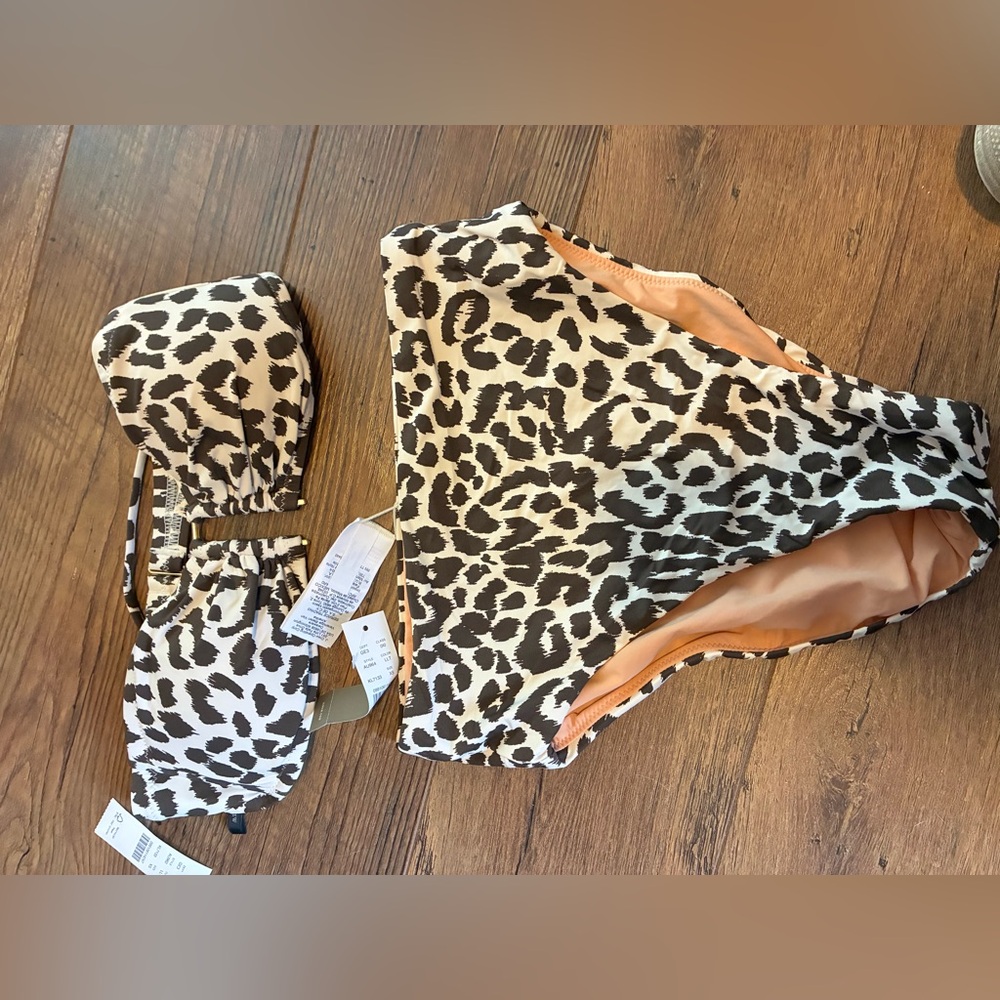 J. Crew Leopard Print Bikini Set in Black and Cream with Peach Lining